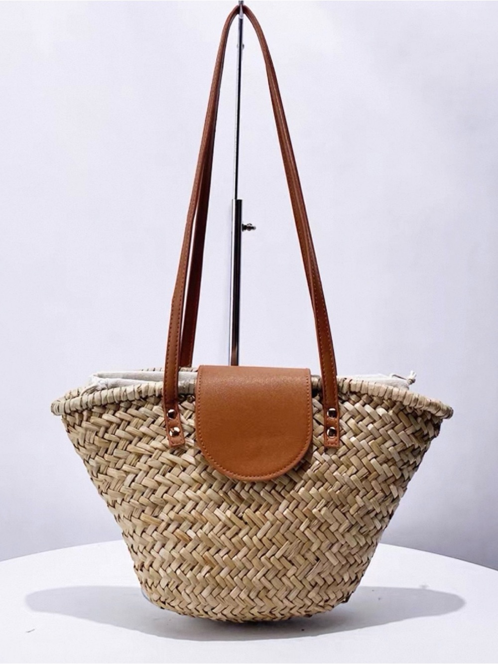 Zara Natural Straw Tote with Tan Leather Tim